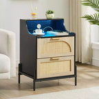 Lot de 2 tables de chevet en rotin et bois, station de recharge et lumières LED, ports/prises USB, 3 tiroirs en rotin, noir pour chambre à coucher