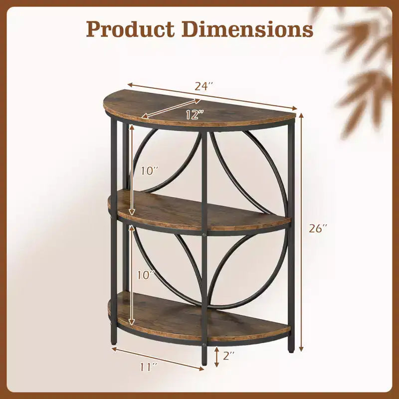 Lot de 2 tables d'appoint semi-circulaires à 3 niveaux Costway avec étagères de rangement en métal robuste, marron rustique