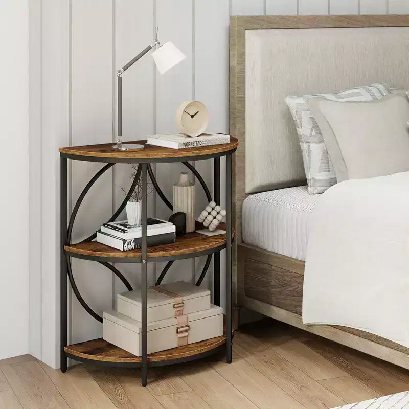 Lot de 2 tables d'appoint semi-circulaires à 3 niveaux Costway avec étagères de rangement en métal robuste, marron rustique