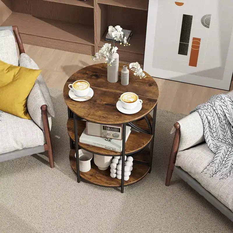 Lot de 2 tables d'appoint semi-circulaires à 3 niveaux Costway avec étagères de rangement en métal robuste, marron rustique