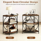Lot de 2 tables d'appoint semi-circulaires à 3 niveaux Costway avec étagères de rangement en métal robuste, marron rustique