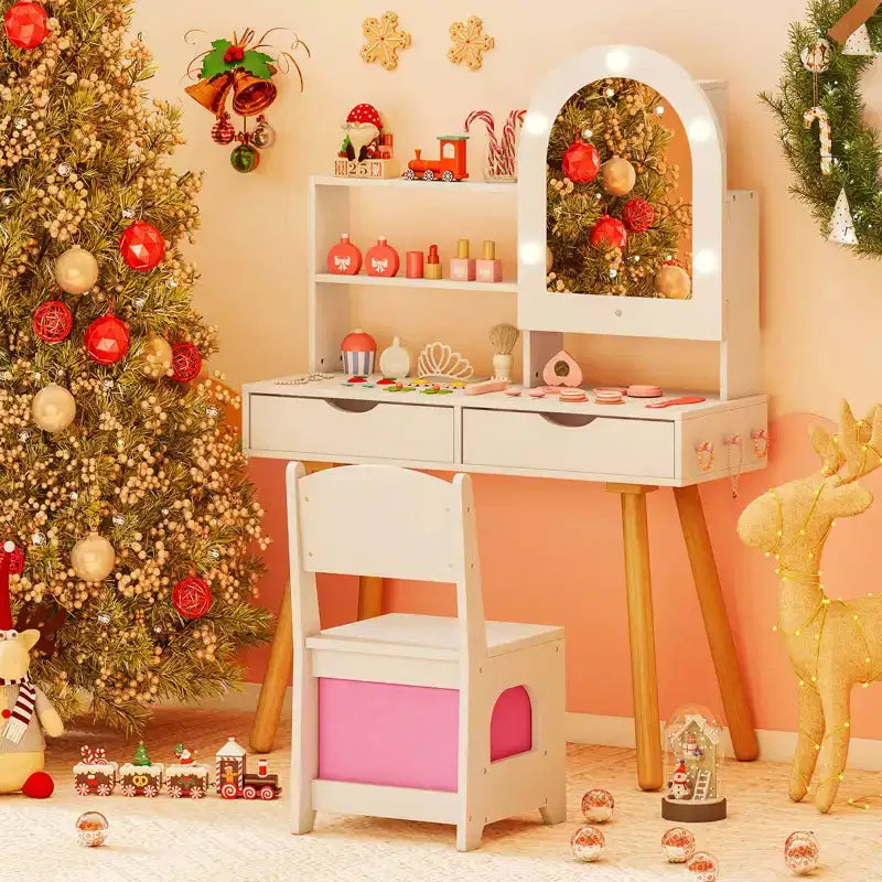 Coiffeuse pour enfants Costway avec 3 modes d'éclairage de couleurs, luminosité réglable, miroir-armoire blanc/rose