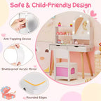 Coiffeuse pour enfants Costway avec 3 modes d'éclairage de couleurs, luminosité réglable, miroir-armoire blanc/rose