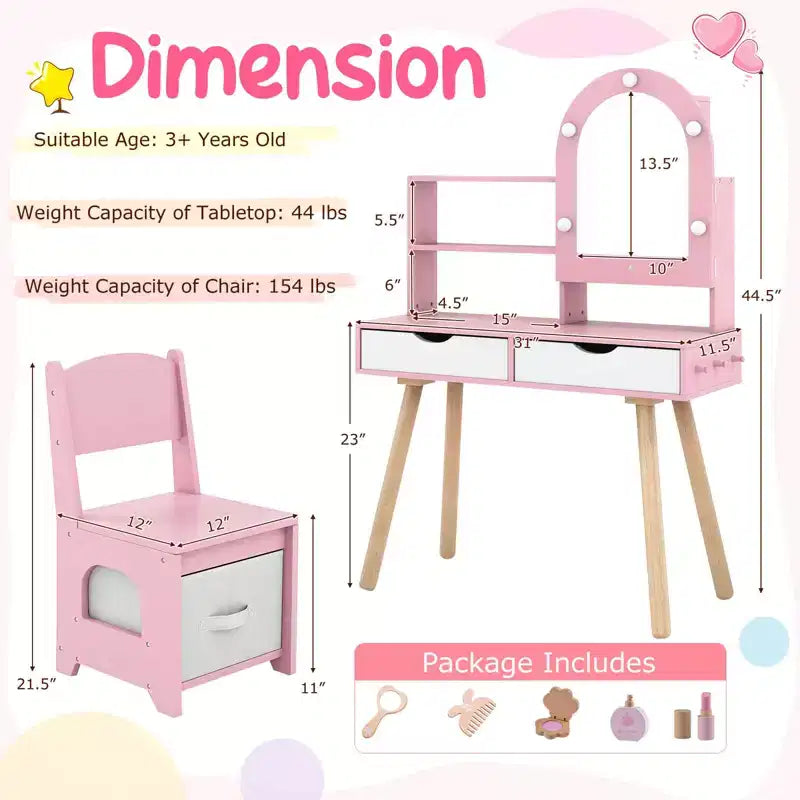 Coiffeuse pour enfants Costway avec 3 modes d'éclairage de couleurs, luminosité réglable, miroir-armoire blanc/rose