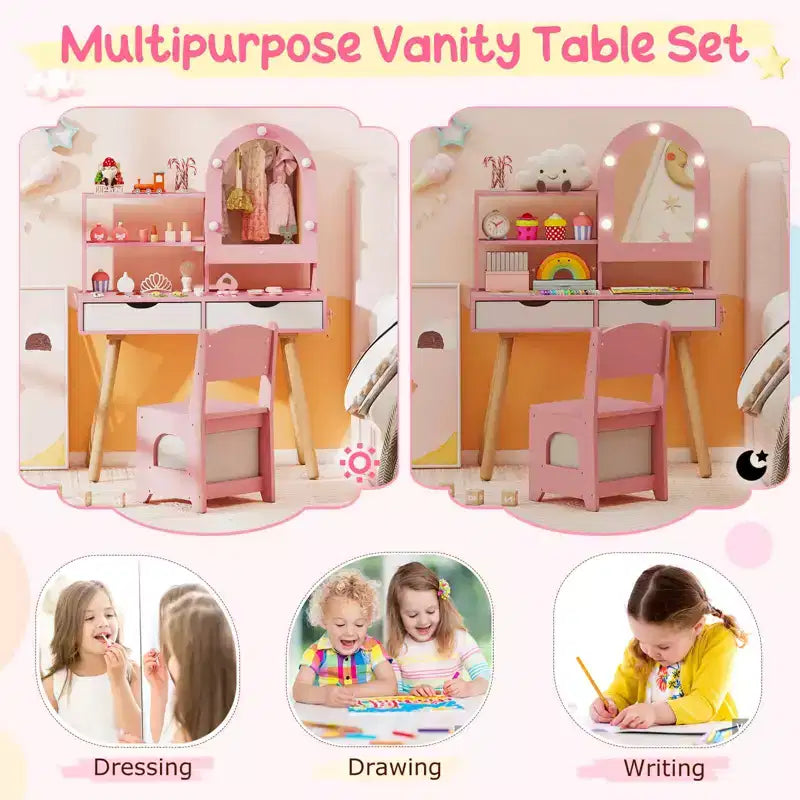 Coiffeuse pour enfants Costway avec 3 modes d'éclairage de couleurs, luminosité réglable, miroir-armoire blanc/rose