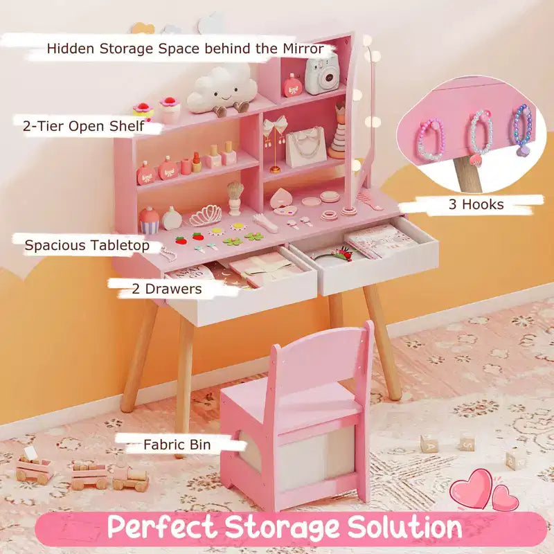Coiffeuse pour enfants Costway avec 3 modes d'éclairage de couleurs, luminosité réglable, miroir-armoire blanc/rose
