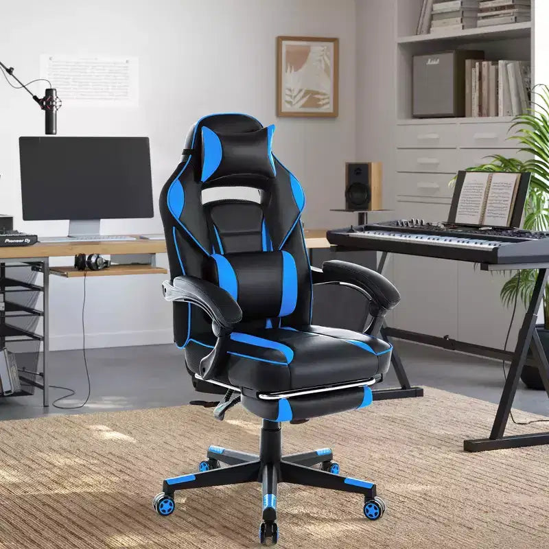 Chaise de gamer en cuir PU à dossier haut, chaise d'ordinateur ergonomique avec appui-tête, repose-pieds rétractable, support lombaire, pivotant à 360°, réglage en hauteur, noir