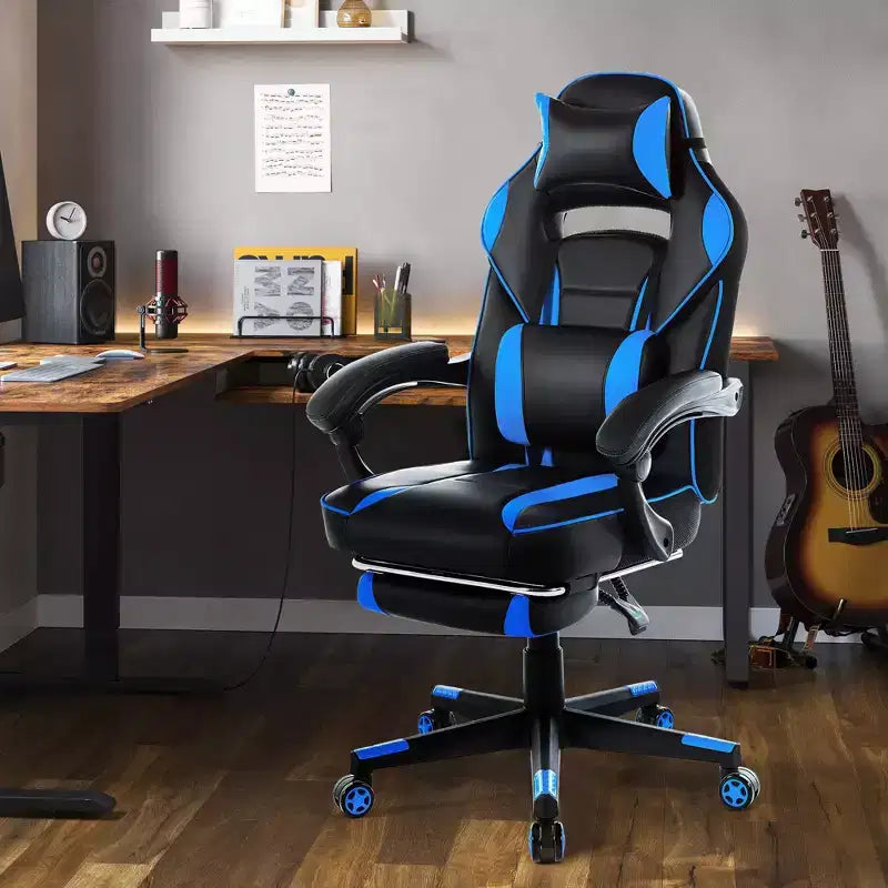 Chaise de gamer en cuir PU à dossier haut, chaise d'ordinateur ergonomique avec appui-tête, repose-pieds rétractable, support lombaire, pivotant à 360°, réglage en hauteur, noir