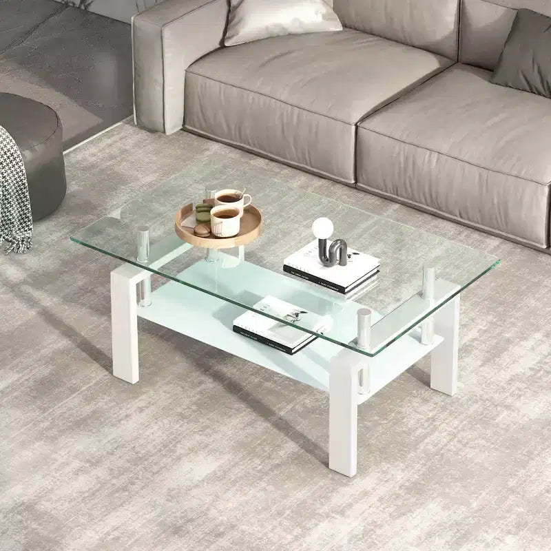 Table basse en verre trempé transparent, table centrale moderne à 2 niveaux avec rangement pour salon