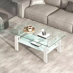 Table basse en verre trempé transparent, table centrale moderne à 2 niveaux avec rangement pour salon