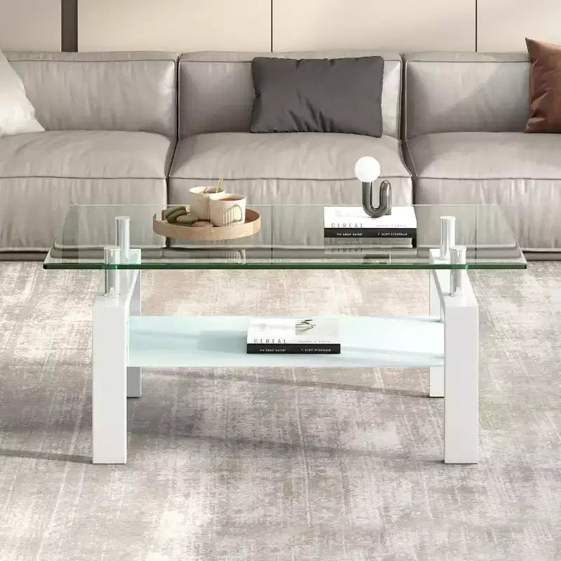 Table basse en verre trempé transparent, table centrale moderne à 2 niveaux avec rangement pour salon