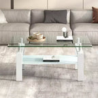 Table basse en verre trempé transparent, table centrale moderne à 2 niveaux avec rangement pour salon