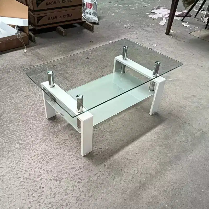 Table basse en verre trempé transparent, table centrale moderne à 2 niveaux avec rangement pour salon