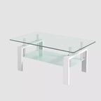 Table basse en verre trempé transparent, table centrale moderne à 2 niveaux avec rangement pour salon