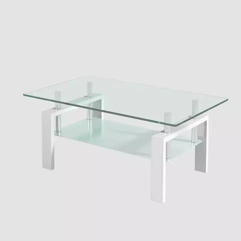 Table basse en verre trempé transparent, table centrale moderne à 2 niveaux avec rangement pour salon