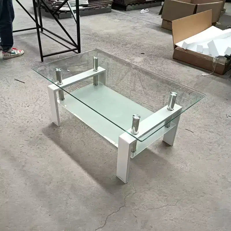 Table basse en verre trempé transparent, table centrale moderne à 2 niveaux avec rangement pour salon