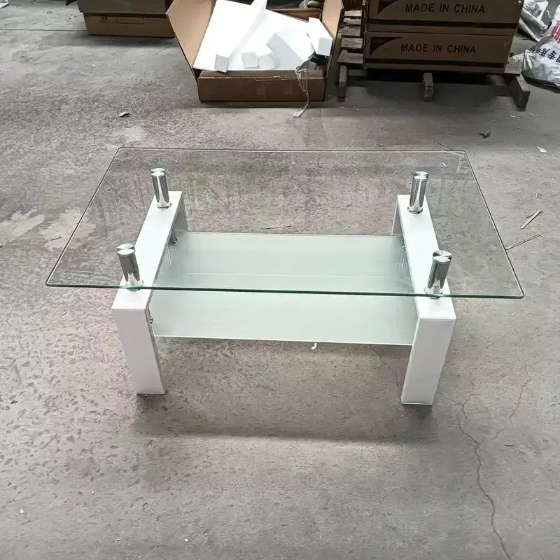 Table basse en verre trempé transparent, table centrale moderne à 2 niveaux avec rangement pour salon