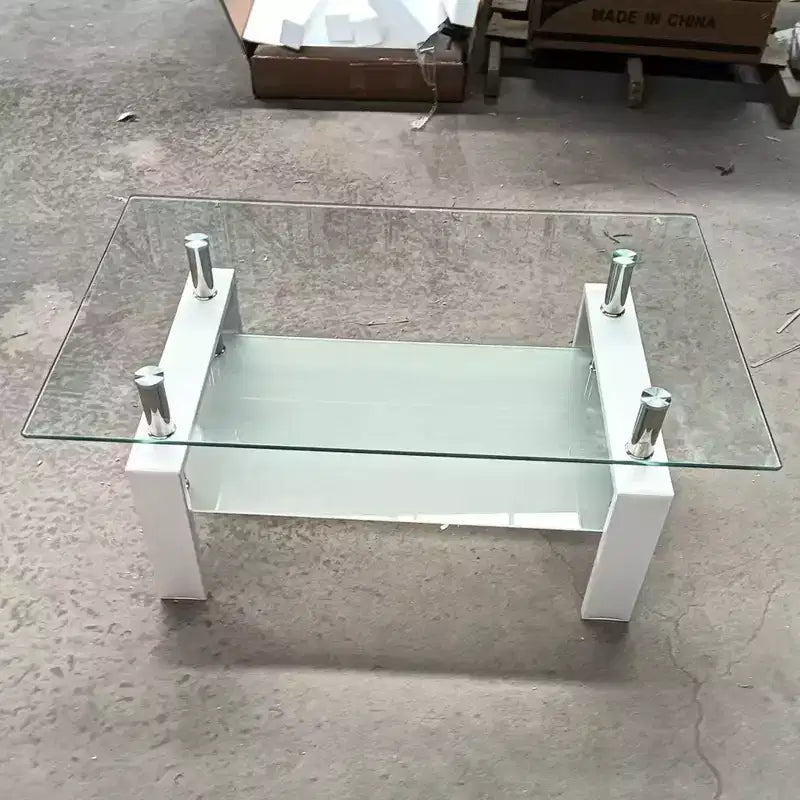 Table basse en verre trempé transparent, table centrale moderne à 2 niveaux avec rangement pour salon