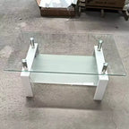 Table basse en verre trempé transparent, table centrale moderne à 2 niveaux avec rangement pour salon