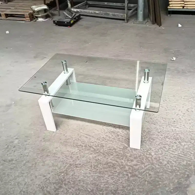 Table basse en verre trempé transparent, table centrale moderne à 2 niveaux avec rangement pour salon