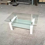 Table basse en verre trempé transparent, table centrale moderne à 2 niveaux avec rangement pour salon
