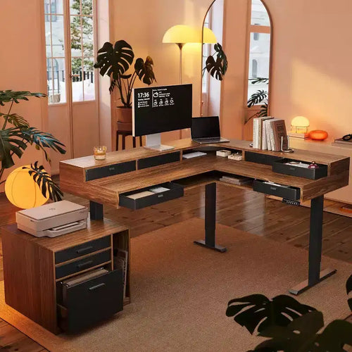 65.5 X 57.6 In Electric L Shaped Standing Desk with 6 Storage Drawers and File Cabinet, 2-Tier Corner Height-adjustable standing desk, Walnut