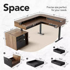 Bureau debout électrique en L de 65,5 X 57,6 po avec 6 tiroirs de rangement et un caisson de classement, bureau d'angle réglable en hauteur à 2 niveaux, Noyer