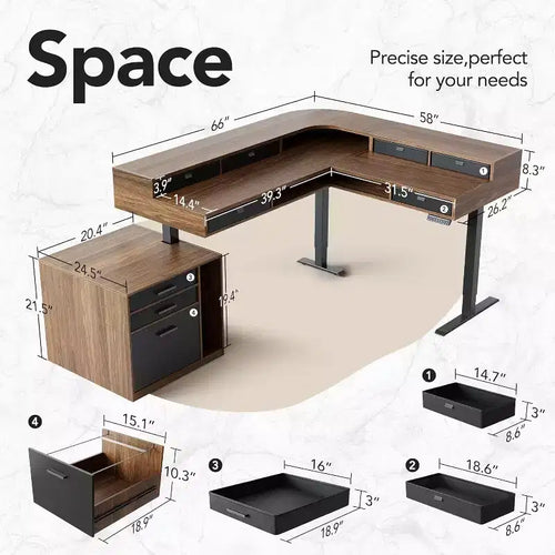Bureau debout électrique en L de 65,5 X 57,6 po avec 6 tiroirs de rangement et un caisson de classement, bureau d'angle réglable en hauteur à 2 niveaux, Noyer