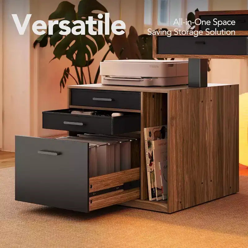 Bureau debout électrique en L de 65,5 X 57,6 po avec 6 tiroirs de rangement et un caisson de classement, bureau d'angle réglable en hauteur à 2 niveaux, Noyer