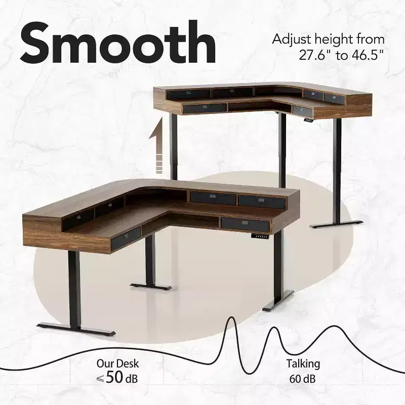 Bureau debout électrique en L de 65,5 X 57,6 po avec 6 tiroirs de rangement et un caisson de classement, bureau d'angle réglable en hauteur à 2 niveaux, Noyer