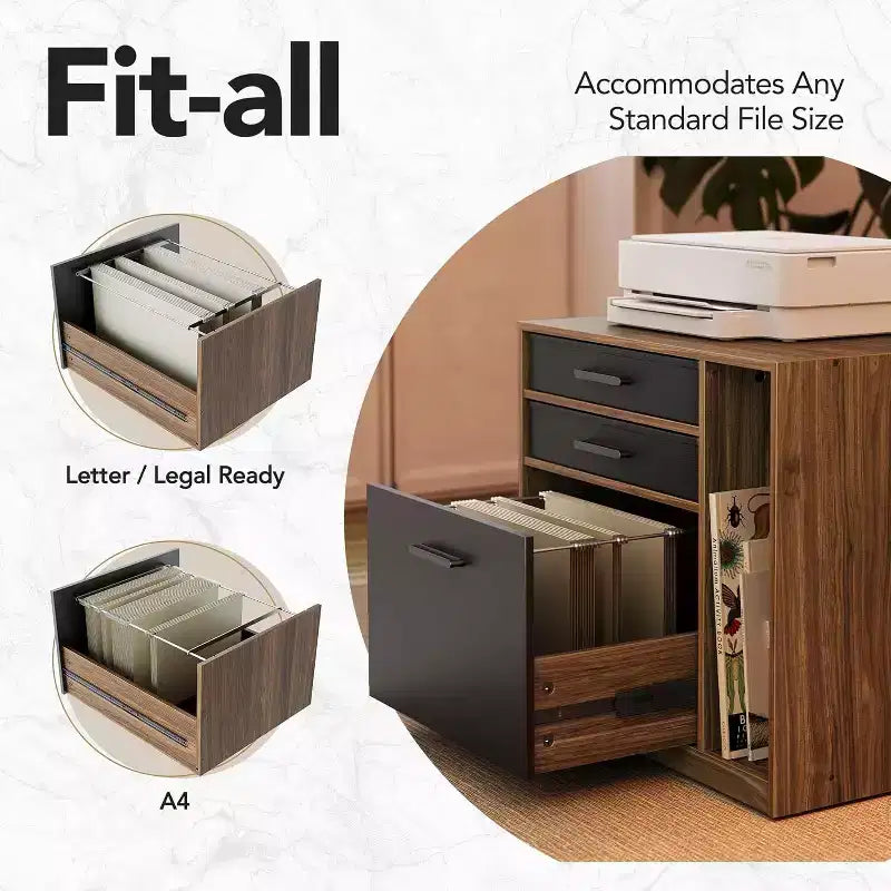 Bureau debout électrique en L de 65,5 X 57,6 po avec 6 tiroirs de rangement et un caisson de classement, bureau d'angle réglable en hauteur à 2 niveaux, Noyer