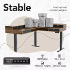 Bureau debout électrique en L de 65,5 X 57,6 po avec 6 tiroirs de rangement et un caisson de classement, bureau d'angle réglable en hauteur à 2 niveaux, Noyer