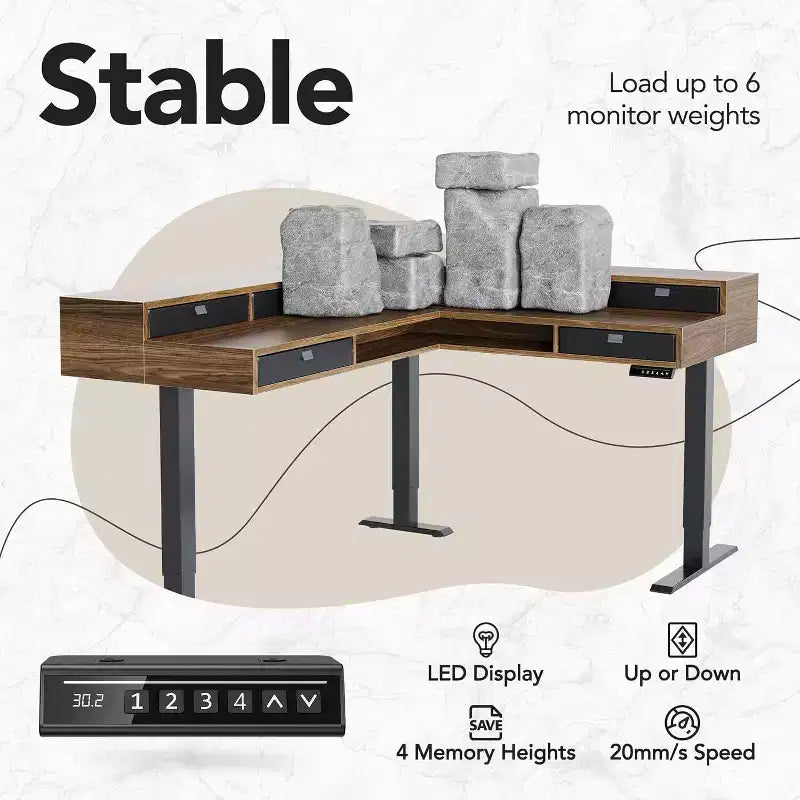 Bureau debout électrique en L de 65,5 X 57,6 po avec 6 tiroirs de rangement et un caisson de classement, bureau d'angle réglable en hauteur à 2 niveaux, Noyer