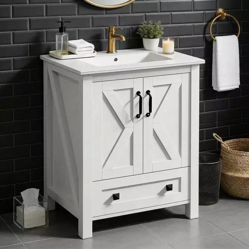 Meuble de salle de bain de 76 cm avec lavabo en céramique, meuble de salle de bain sur pied de style ferme avec 2 portes et 1 tiroir