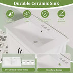 Meuble de salle de bain de 76 cm avec lavabo en céramique, meuble de salle de bain sur pied de style ferme avec 2 portes et 1 tiroir