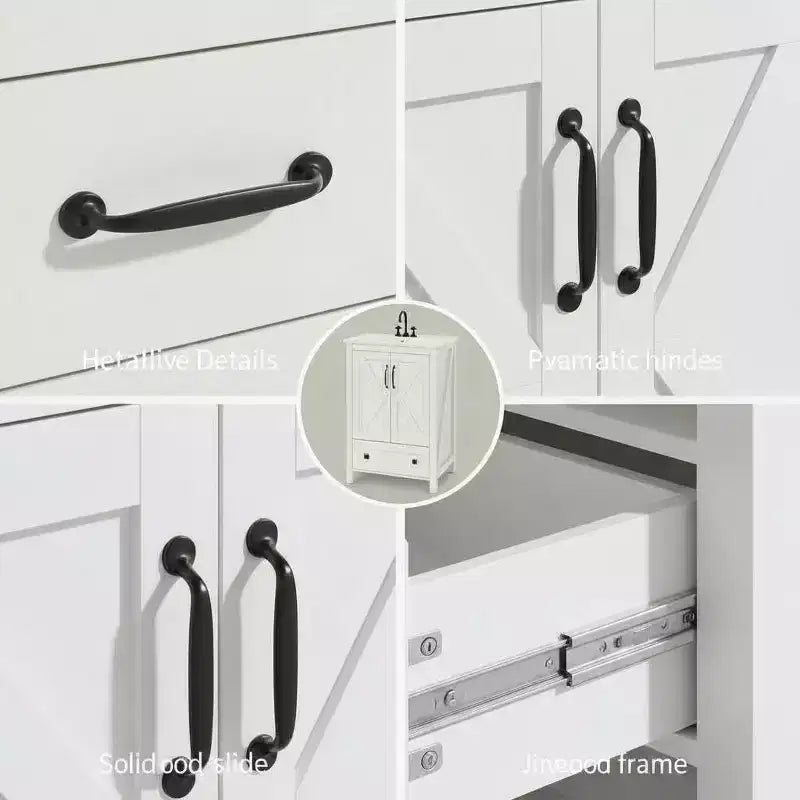 Meuble de salle de bain de 76 cm avec lavabo en céramique, meuble de salle de bain sur pied de style ferme avec 2 portes et 1 tiroir