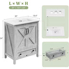 Meuble de salle de bain de 76 cm avec lavabo en céramique, meuble de salle de bain sur pied de style ferme avec 2 portes et 1 tiroir