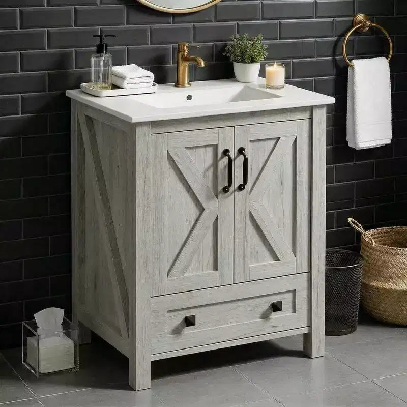 Meuble de salle de bain de 76 cm avec lavabo en céramique, meuble de salle de bain sur pied de style ferme avec 2 portes et 1 tiroir