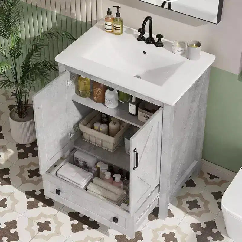 Meuble de salle de bain de 76 cm avec lavabo en céramique, meuble de salle de bain sur pied de style ferme avec 2 portes et 1 tiroir