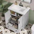 Meuble de salle de bain de 76 cm avec lavabo en céramique, meuble de salle de bain sur pied de style ferme avec 2 portes et 1 tiroir