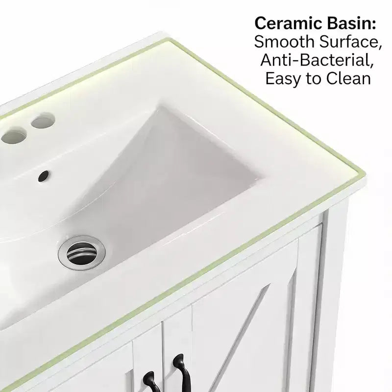 Meuble de salle de bain de 76 cm avec lavabo en céramique, meuble de salle de bain sur pied de style ferme avec 2 portes et 1 tiroir