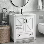 Meuble de salle de bain de 76 cm avec lavabo en céramique, meuble de salle de bain sur pied de style ferme avec 2 portes et 1 tiroir