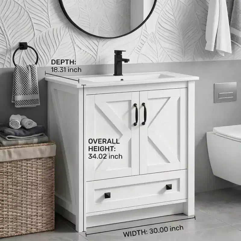 Meuble de salle de bain de 76 cm avec lavabo en céramique, meuble de salle de bain sur pied de style ferme avec 2 portes et 1 tiroir