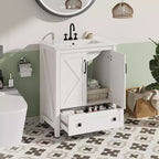 Meuble de salle de bain de 76 cm avec lavabo en céramique, meuble de salle de bain sur pied de style ferme avec 2 portes et 1 tiroir
