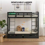 Karl Home Black Solid Wood Twin Bunk Bed with Charging Station,RGB LED,2 Drawers,Safety Guardrail and Ladders,Convertible to 2 Separated Beds