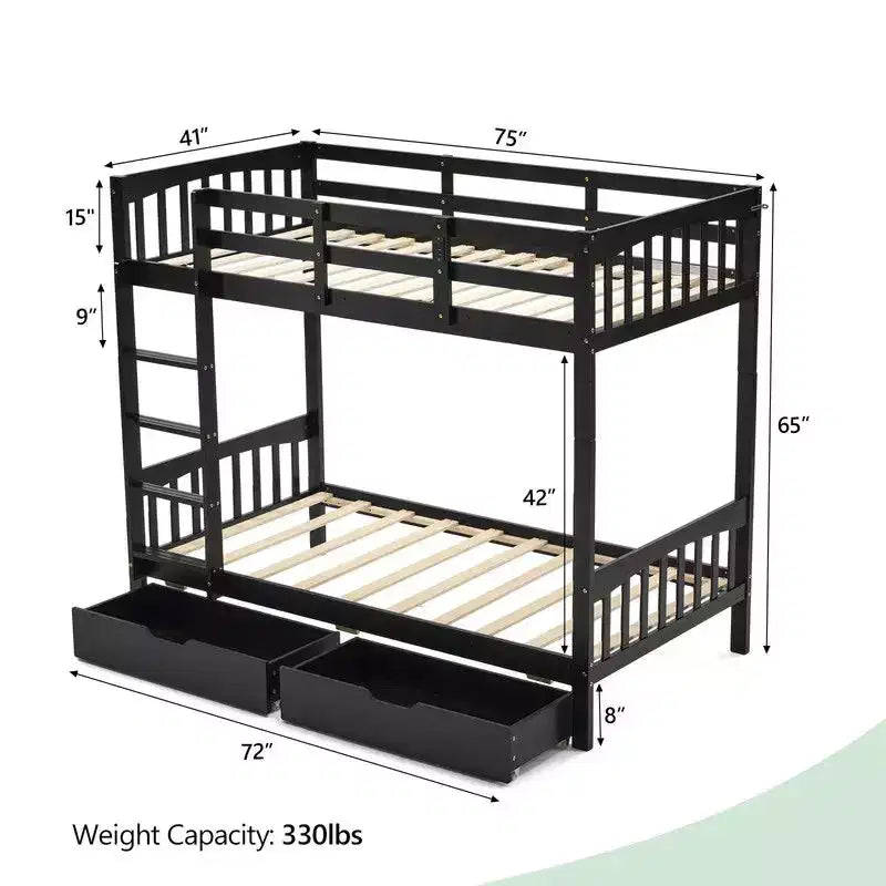 Lit superposé jumeau en bois massif noir Karl Home avec station de charge, LED RVB, 2 tiroirs, barrière de sécurité et échelles, convertible en 2 lits séparés