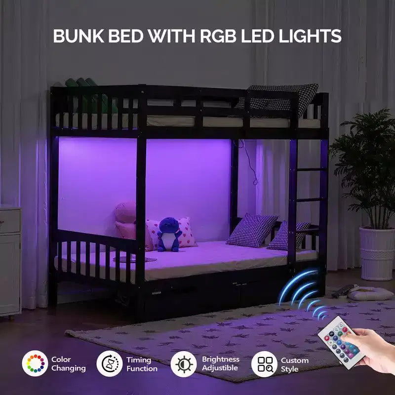 Lit superposé jumeau en bois massif noir Karl Home avec station de charge, LED RVB, 2 tiroirs, barrière de sécurité et échelles, convertible en 2 lits séparés