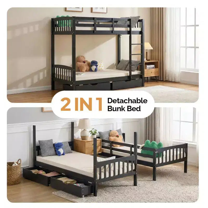 Lit superposé jumeau en bois massif noir Karl Home avec station de charge, LED RVB, 2 tiroirs, barrière de sécurité et échelles, convertible en 2 lits séparés
