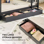 Lit superposé jumeau en bois massif noir Karl Home avec station de charge, LED RVB, 2 tiroirs, barrière de sécurité et échelles, convertible en 2 lits séparés