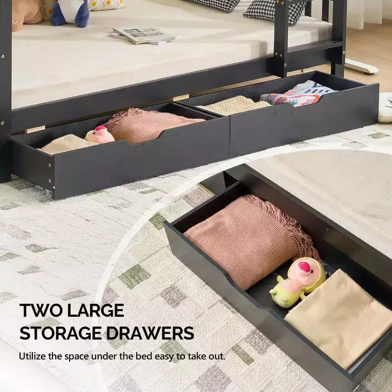 Lit superposé jumeau en bois massif noir Karl Home avec station de charge, LED RVB, 2 tiroirs, barrière de sécurité et échelles, convertible en 2 lits séparés